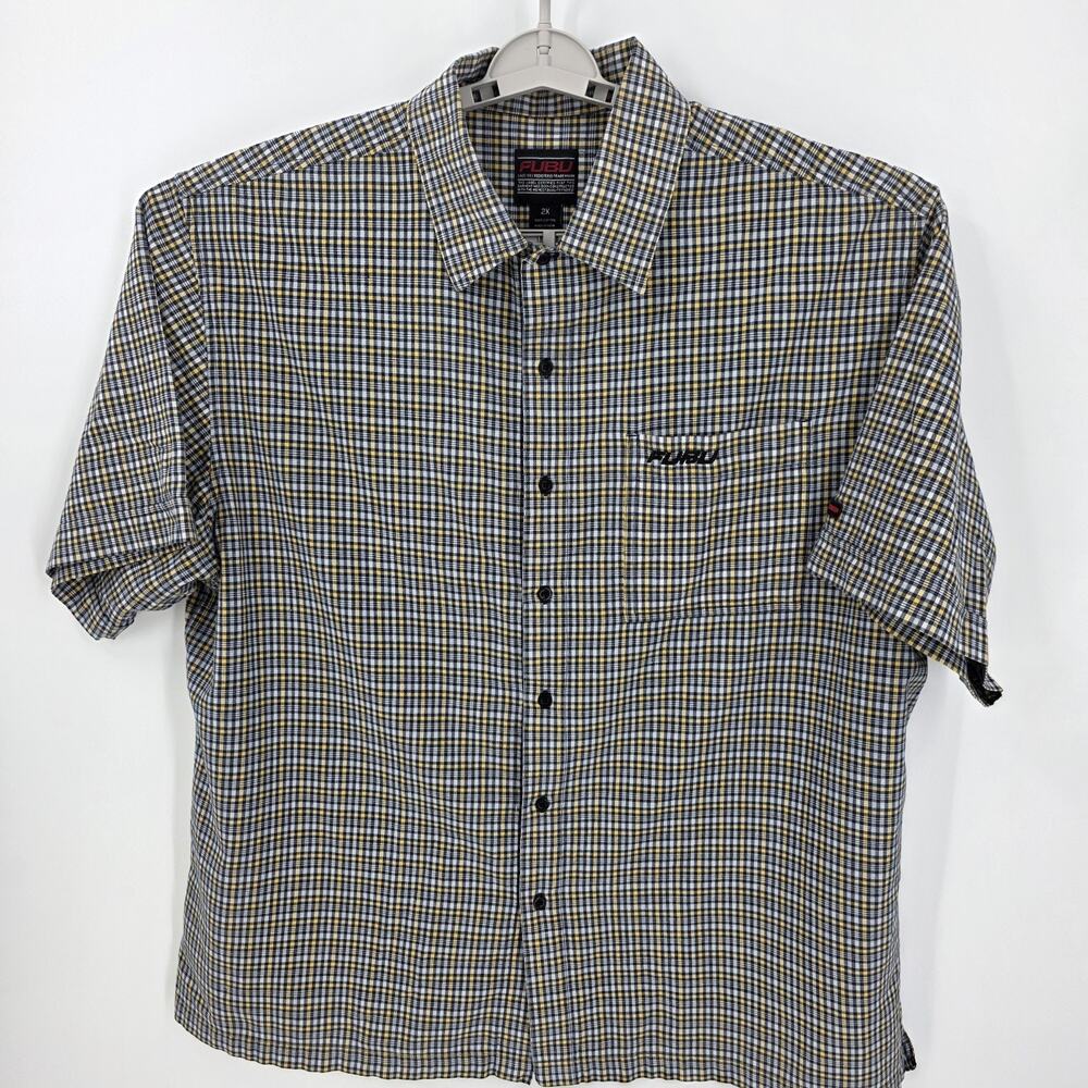 FUBU Mens 2XL Plaid Button Shirt Black Yellow Short Sleeved Streetwear Cotton